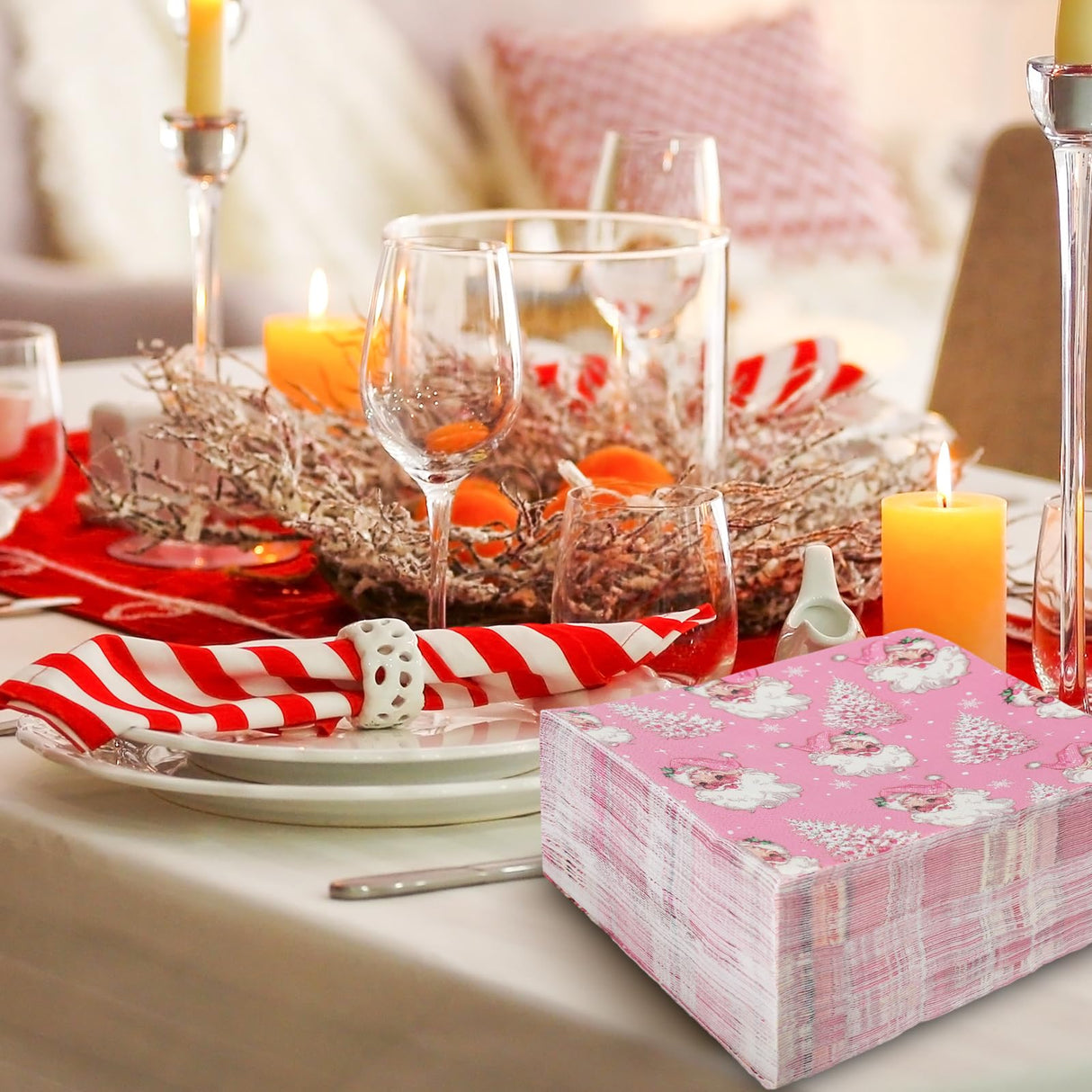 AnyDesign 80 Pack Pink Christmas Napkins Santa Xmas Tree Disposable Napkins Merry Christmas Paper Luncheon Napkins for Xmas Winter Holiday Birthday Party Supplies, 6.5 x 6.5 Inch Generic