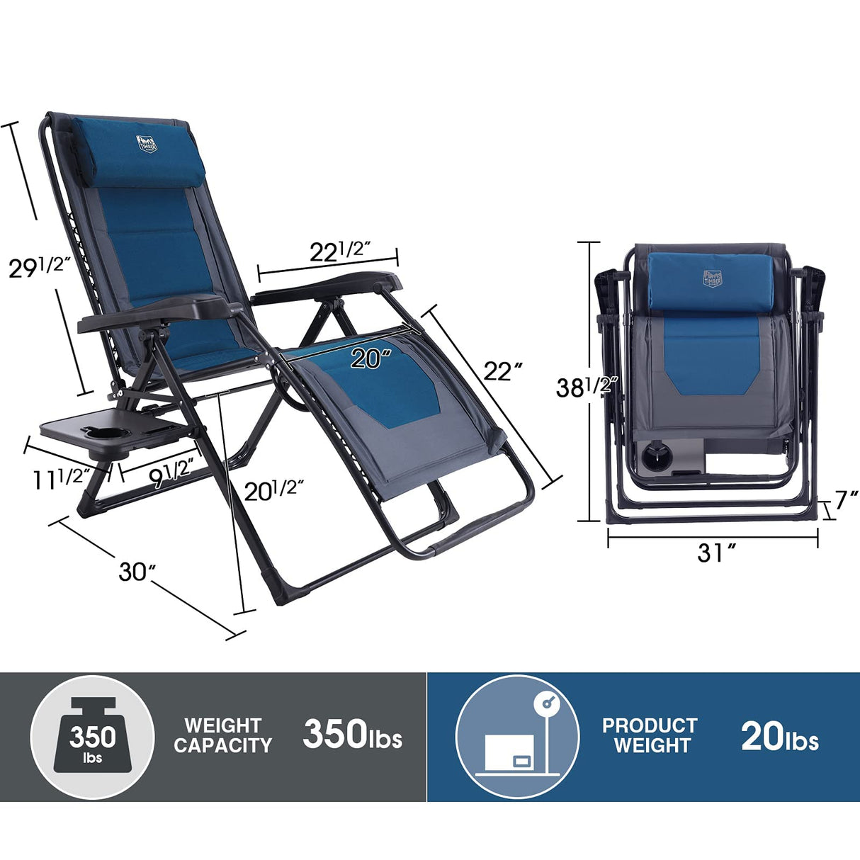 TIMBER RIDGE Zero Gravity polyester Chair Oversized Recliner 350lbs Capacity Patio Lounge Chair Padded Lawn Chair with Headrest XXL for Outdoor, Camping, Patio, Lawn, Blue TIMBER RIDGE