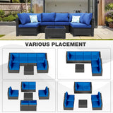 7 Pieces Outdoor Rattan Wicker Patio Set with Coffee Table, Armless Seats and Corner Seats, 2 Pillows Included,Sectional Furniture Chair Set，Coffee/Blue… Peacabo
