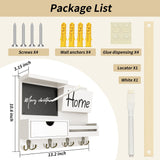 Farmhouse Key Holder for Wall with Mail Organizer - Easy Installation Wall Mount Organizer, Includes Chalkboard, Drawer, Wallet Holder & 4 Double Hooks, Ideal for Entryway, Quick Access - White Dvobez