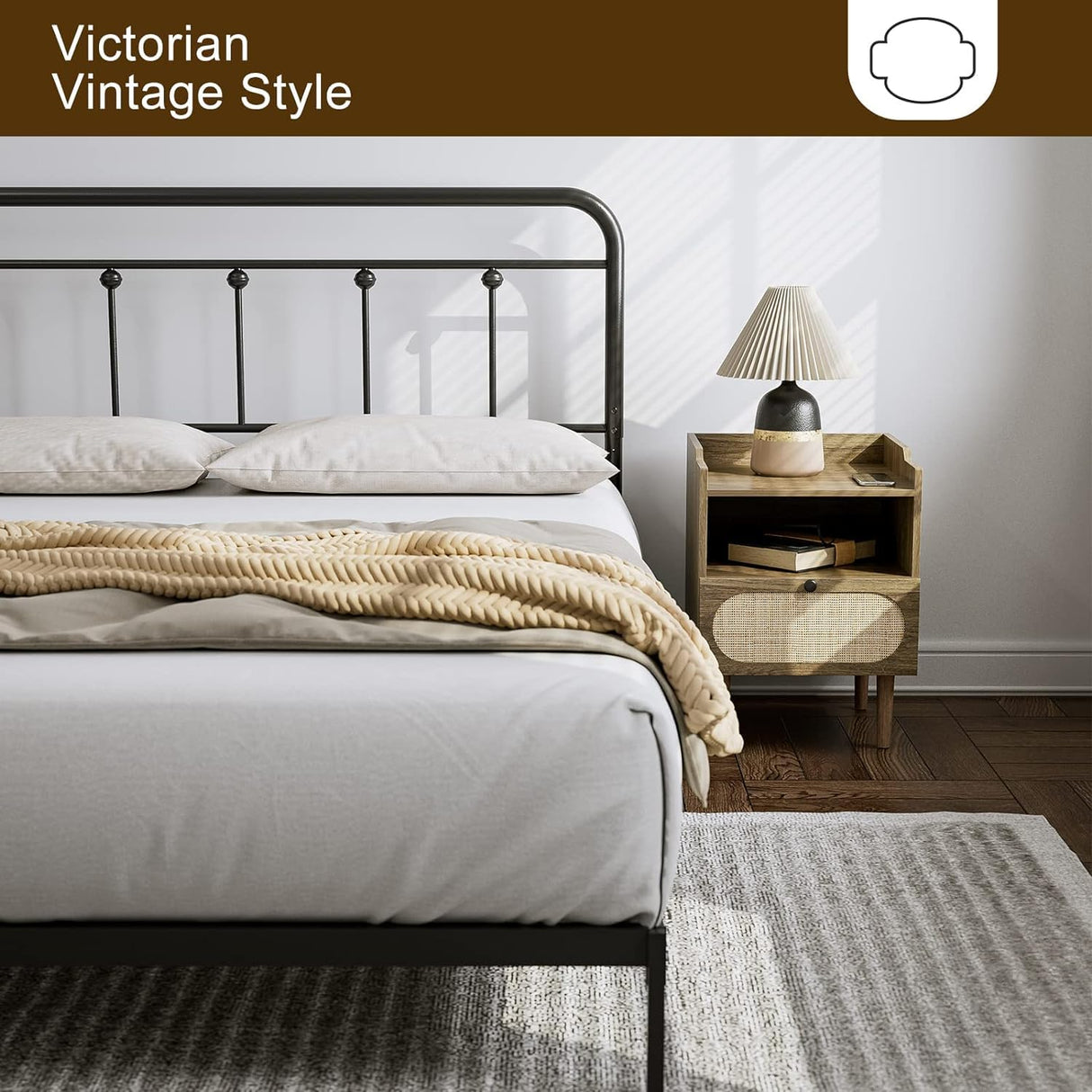 AOVSA Metal Queen Size Headboard, Victorian Farmhouse Style, Adjustable Height, Curved Steel Queen Headboard Only, Easy Assembly, Attach Frame - Black AOVSA