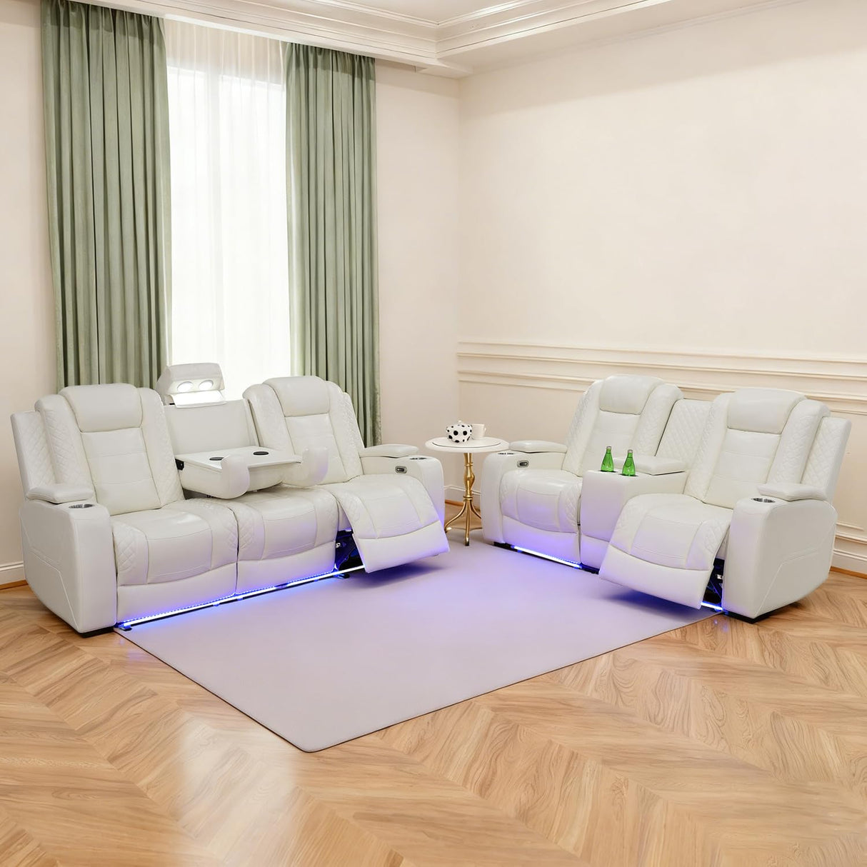 Caberryne Power Recliner Sofa Set with LED Lights,Leather Reclining Couch and Loveseat Set with USB Port/Coffee Table/Cup Holder,Living Room Set with 4 Recliner Seats for House(2 Piece Set,Creamy) Caberryne