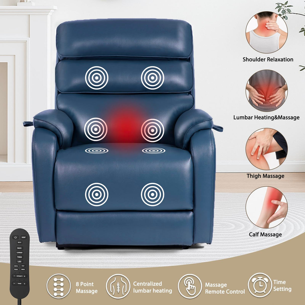 EONIX Dual Motor Lay Flat Power Lift Recliner Chair for Elderly, Electric Faux Leather Lift Chairs for Adults, 400lbs Heavy Duty Power Recliner Lift Sofa with Heat and Massage, Navy Blue EONIX