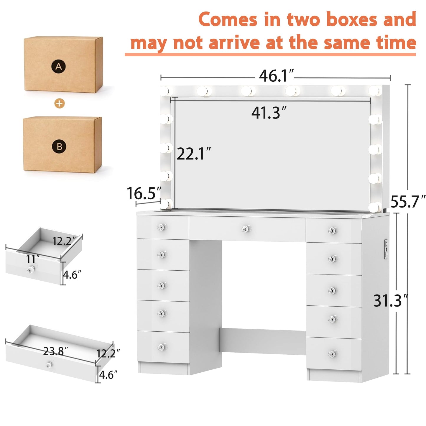 Vanity Desk with Power Outlet, Makeup Vanity with Mirror and 14 LED Light, 3 Lighting Modes,11 Drawer Vanity Table with Sliding Jewelry Storage, Glass Top, Specular Surface, White - WoodArtSupply