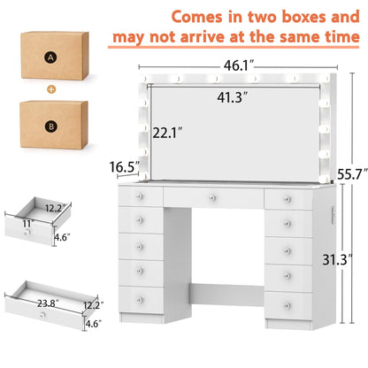 Vanity Desk with Power Outlet, Makeup Vanity with Mirror and 14 LED Light, 3 Lighting Modes,11 Drawer Vanity Table with Sliding Jewelry Storage, Glass Top, Specular Surface, White - WoodArtSupply