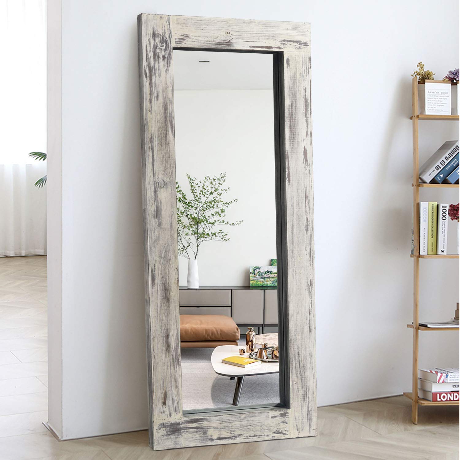 KIAYACI Full Length Mirror Floor Mirror Wood Frame Wall Mounted Mirror Distressed Style Wide Frame Dressing Make Up Mirror for Bathroom/Bedroom/Living Room/Entry/Farmhouse (Light Gray, 58" x  - WoodArtSupply