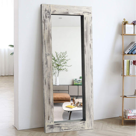 KIAYACI Full Length Mirror Floor Mirror Wood Frame Wall Mounted Mirror Distressed Style Wide Frame Dressing Make Up Mirror for Bathroom/Bedroom/Living Room/Entry/Farmhouse (Light Gray, 58" x 24") KIAYACI