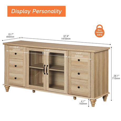 WAMPAT Glass Door Farmhouse TV Stand for TVs Up to 75 inch, Wood Universal TV Console Table with 4 Storage Cabinets, Entertainment Center for 32-75 inch TV Console Cabinet, 58'',Oak WAMPAT