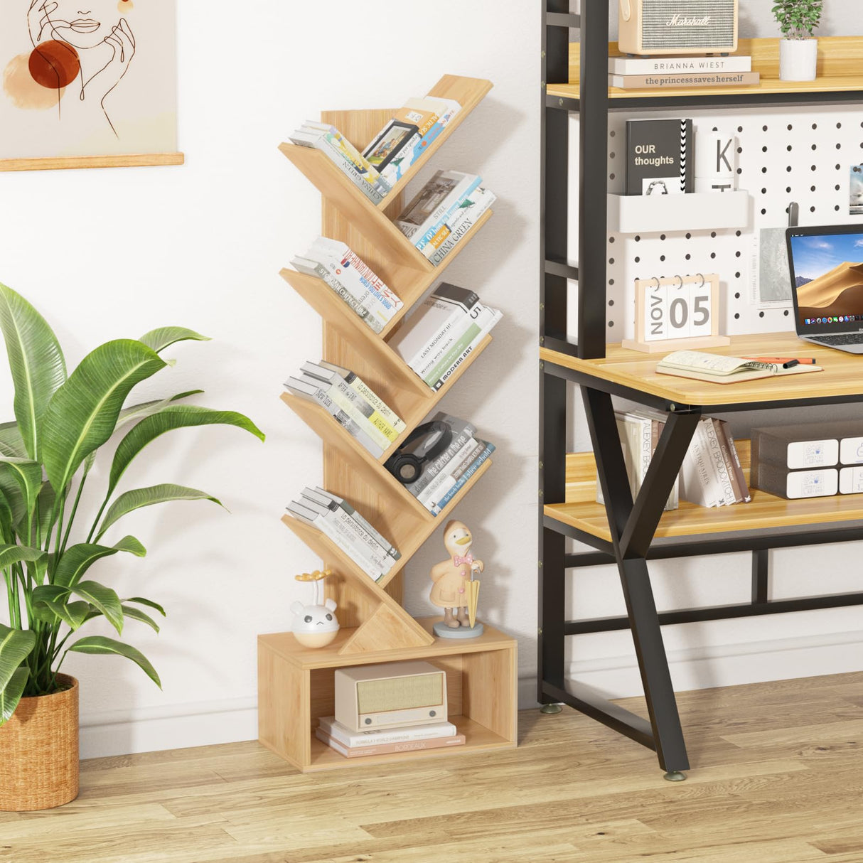 SHEEPAM 9 Tier Tree Bookshelf,Christmas Green Bookcase for Narrow Space, Storage Organizer Floor Standing Bookshelves for Books, Tall Book Case for Home Office, Living Room, Bedroom SHEEPAM