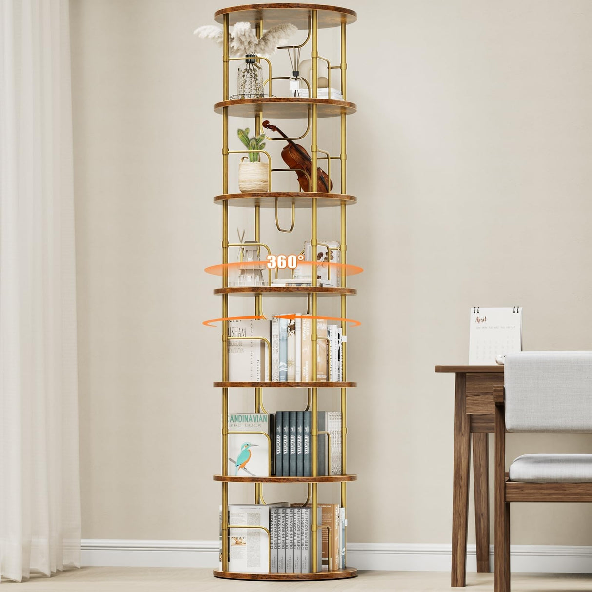 ALLSTAND 6 Tier Rotating Bookshelf, 360 ° Display Stackable Spinning Bookshelf Tower, Corner Bookshelf Tall Floor Standing Swivel Bookcase Narrow Storage Organizer for Bedroom, Living Room, Gold ALLSTAND