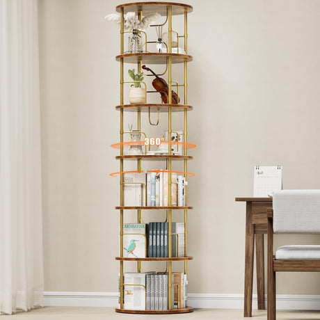 ALLSTAND 6 Tier Rotating Bookshelf, 360 ° Display Stackable Spinning Bookshelf Tower, Corner Bookshelf Tall Floor Standing Swivel Bookcase Narrow Storage Organizer for Bedroom, Living Room, Gold ALLSTAND