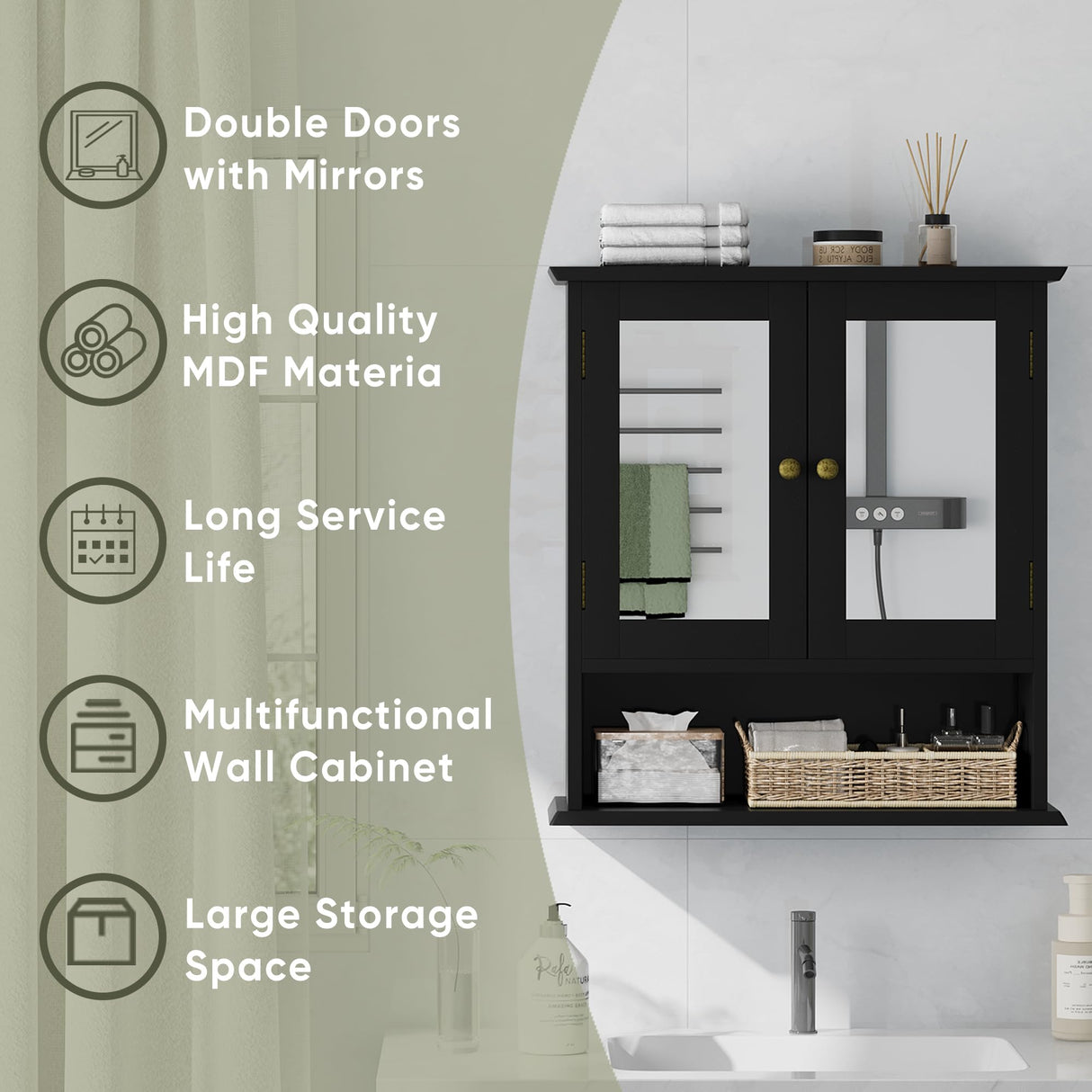 Smuxee Bathroom Wall Cabinet with Mirrors, Black Bathroom Medicine Cabinet with Adjustable Shelves, Over Toilet Cabinet for Bathroom Laundry Room Kitchen Smuxee