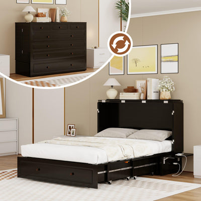 Tafeumob Murphy Bed Queen Size: Murphy Bed Cabinet with Drawer Space-Saving with Shelves&Charging Station for Bedroom, Multipurpose Area, Guest Room, Apartment Black (Mattress not Included)
