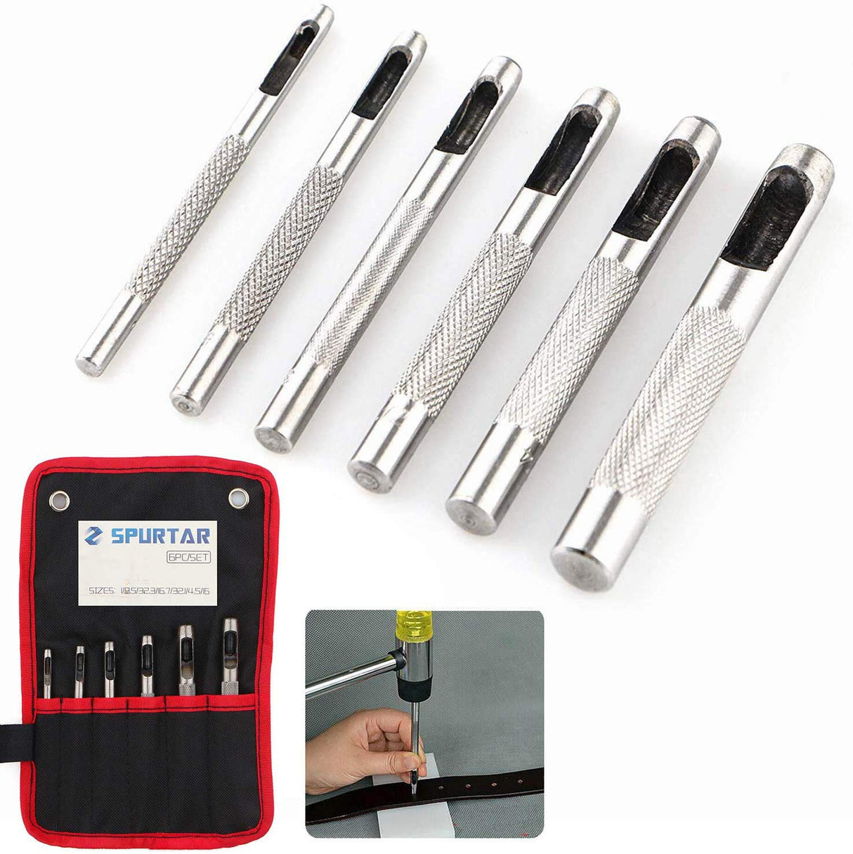 Spurtar 6PCS Leather Hole Punch 1/8'' - 5/16'' Heavy Duty Round Hollow Belt Hole Puncher High Carbon Steel Leather Punch Tool for Belts Watch Cloth Gaskets with Storage Bag Spurtar