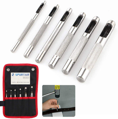 Spurtar 6PCS Leather Hole Punch 1/8'' - 5/16'' Heavy Duty Round Hollow Belt Hole Puncher High Carbon Steel Leather Punch Tool for Belts Watch Cloth Gaskets with Storage Bag Spurtar