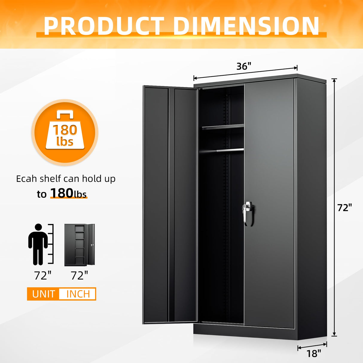 INTERGREAT Metal Wardrobe Closet, 72" Black Locking Storage Wardrobe Cabinet with Doors and Shelves, Tall Steel Clothes Storage for Office, Home, School, Gym INTERGREAT