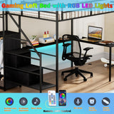 Linique Full Size Gaming Loft Bed with L-Shaped Desk, LED and Charging Station, Metal Loft Bed with Wardrobe and 2 Fabric Drawers for Kids, Teens, Adults, Black Linique