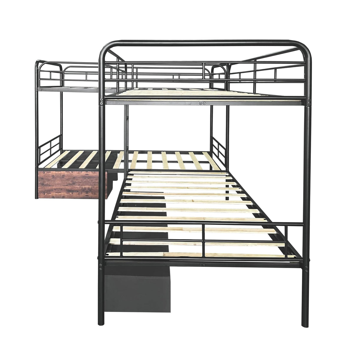 PVWIIK L-Shaped Quad Bunk Bed with Storage Drawers for 4 Kids,Quad Bunk Bed Frame with Built-in Ladder & Full-Length Guardrails,Easy to Assemble,Space Saving, Black PVWIIK
