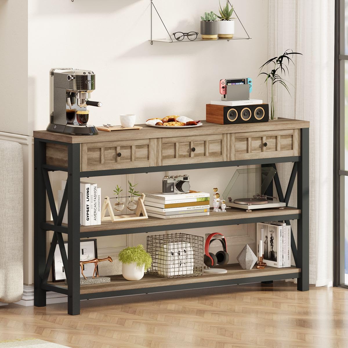 FATORRI Rustic Oak Industrial Console Table with 3 Drawers and Ample Storage - WoodArtSupply