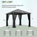 UDPATIO 10' x 10' Hardtop Gazebo, Metal Gazebo with Galvanized Steel Roof, Outdoor Permanent Pavilion with Netting for Patio, Backyard, Deck and Lawns UDPATIO