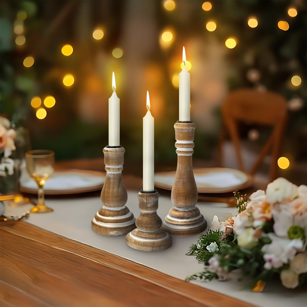 Taper Candle Holders Set of 3, Rustic Wooden Candlestick Holders, Farmhouse Wood Candle Stand, Vintage Candles Stick Tapered Holder for Living Room, Table Centerpiece (Brown) CEDARLUX