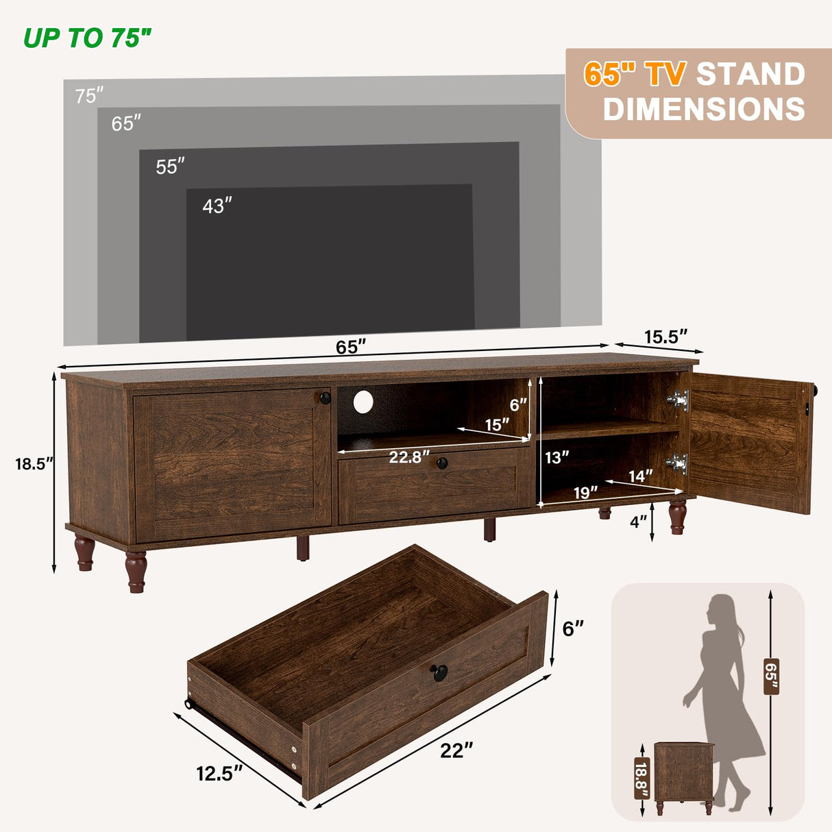 ANJ TV Stand for 75 inch TV, Mid-Century Modern TV Console with Storage Cabinet, Wooden Television Furniture for Living Room, Entertainment Center with Ample Large Storage Space ANJ