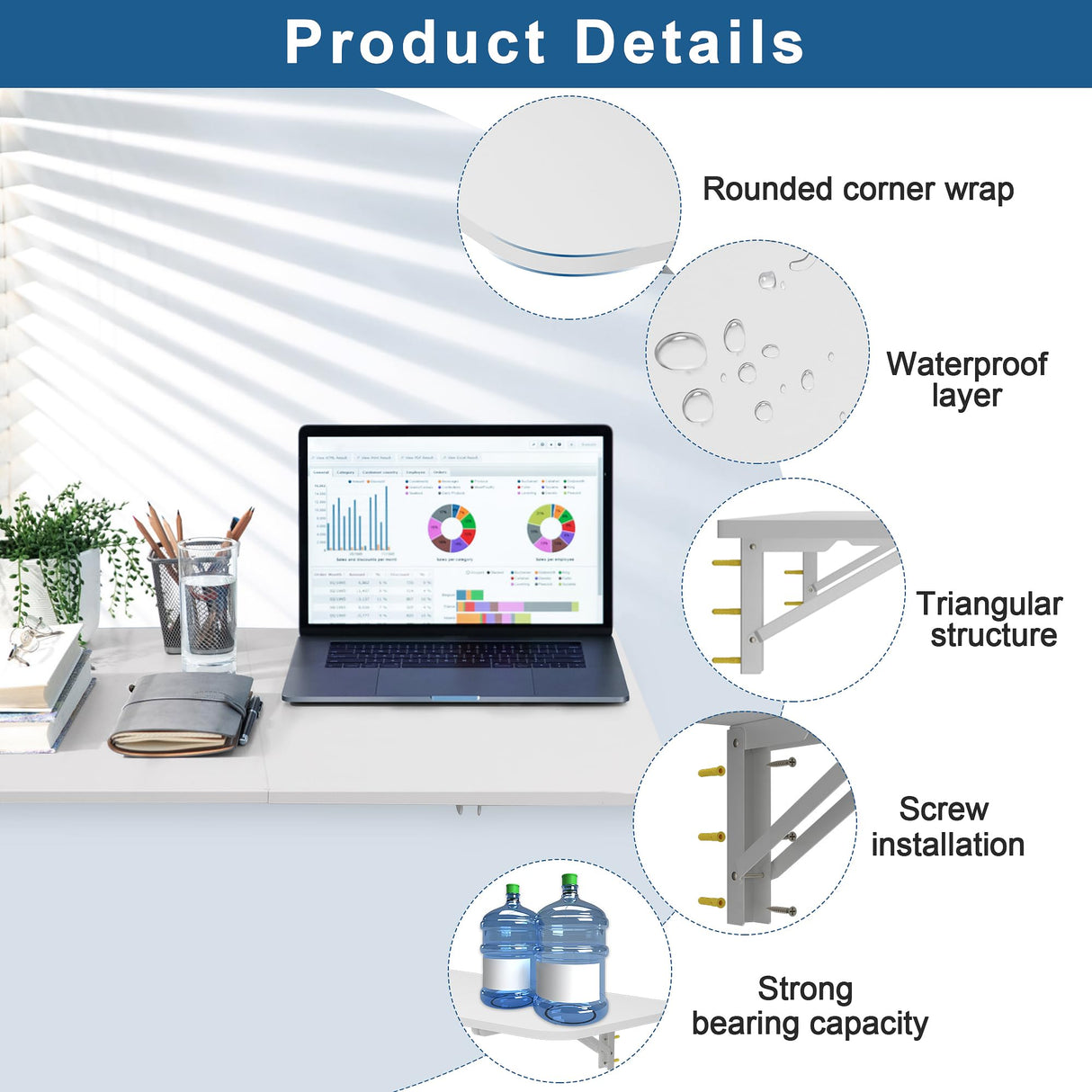 Gtouse Wall Mounted Folding Table, 47.2x15.7 inches, Laundry Folding Wall Table, Fold Down Table Wall Mounted, Folding Wall Desk for Laundry Room Balcony Office Kitchen Home - White Gtouse