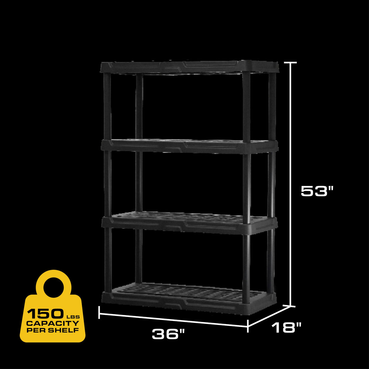 CX 4-Tier (53”H x 36”W x 18”D) Plastic Storage Shelving Unit (Black), Heavy Duty, 150lbs Per Shelf Capacity, Indoor/Outdoor Storage and Organization in Home, Garage, Office with Easy Assembly CENTREX
