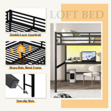 MAKIAAP Loft Bed with Desk & Ladder, Metal High LoftBed Frame with LED Lights & Charging Station, Sturdy Noise-Free Loft Bed for Kids, Teens & Adults, Space-Saving Design (Black, Queen) MAKIAAP