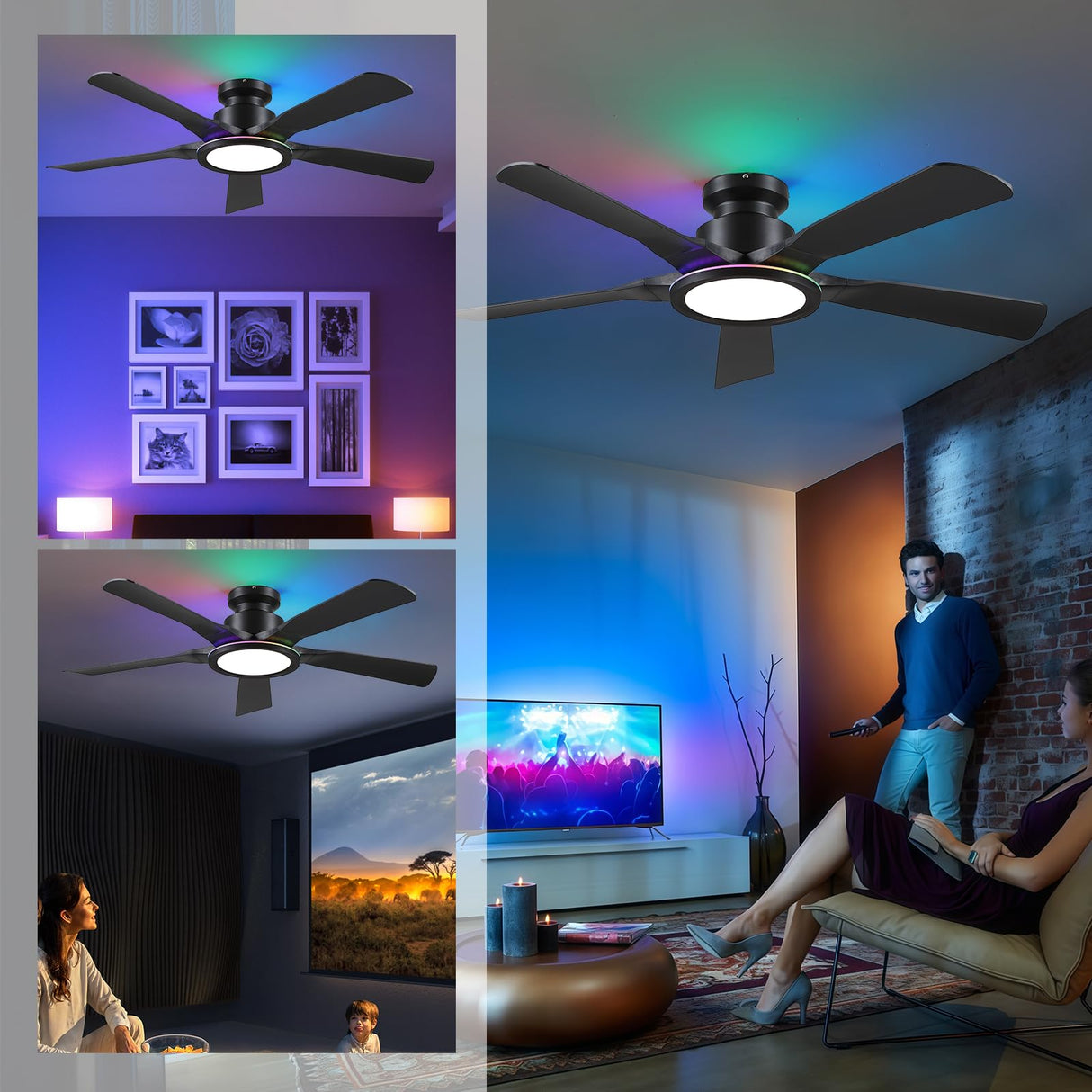 Ceiling Fans with Lights and Remote/APP Control, 52" Low Profile Flush Mount Ceiling Fan with RGB Ring Light & Dimmable, 5 Reversible Curved Blades 3 CCT 6 Speeds for Bedroom Living Room Party, Black Wiviniya