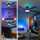 Ceiling Fans with Lights and Remote/APP Control, 52" Low Profile Flush Mount Ceiling Fan with RGB Ring Light & Dimmable, 5 Reversible Curved Blades 3 CCT 6 Speeds for Bedroom Living Room Party, Black Wiviniya