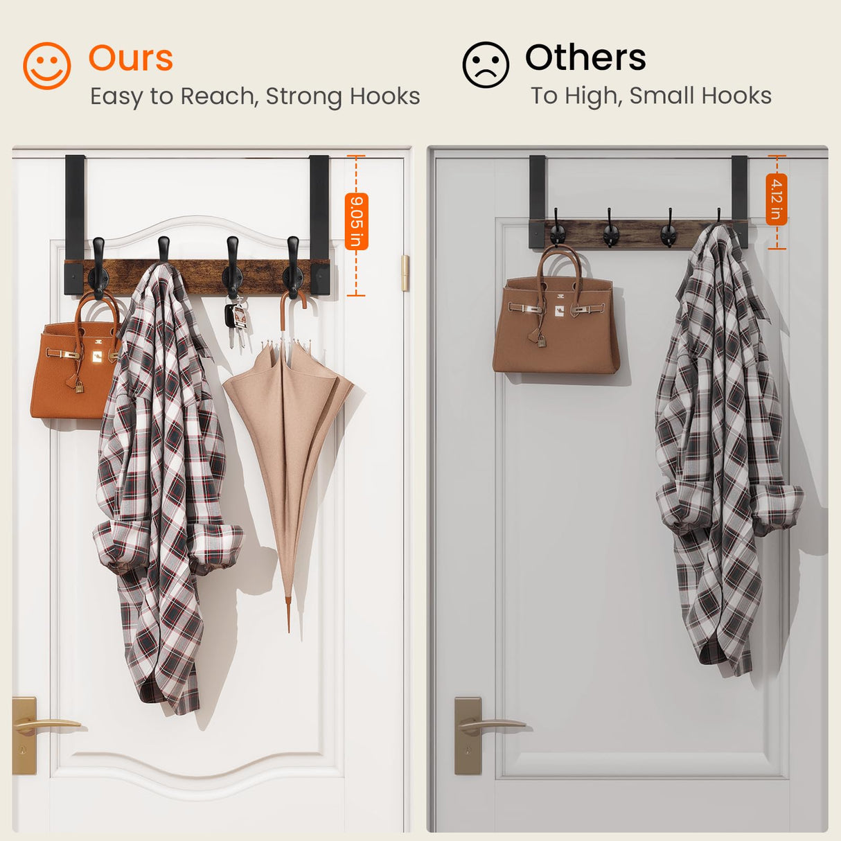 Homode Over The Door Hooks Heavy Duty, Wood Over Door Hanger Hook, Over Door Towel Rack with Coat Hooks for Hanging Towels Clothes Hats Bags, Back of Bathroom Door, Rustic Brown Black Homode