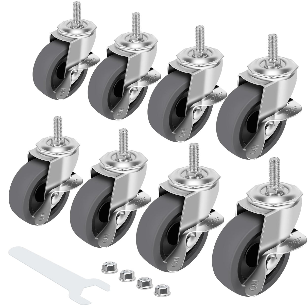 Caster Wheels, 3" Locking Swivel Stem Casters Set with Brake of 8, 3/8"-16 x 1 (Screw Diameter 3/8", Length 1") Rubber Casters with 360 Degree No Noise Wheels WHARSTM