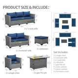 Patio Furniture Set 45-Inch Fire Pit 7-Piece Outdoor Furniture Sets Patio Couch Outdoor Chairs 60000 BTU Wicker Propane Fire Pit Table with No-Slip Cushions and Waterproof Covers, Navy Blue Rattaner