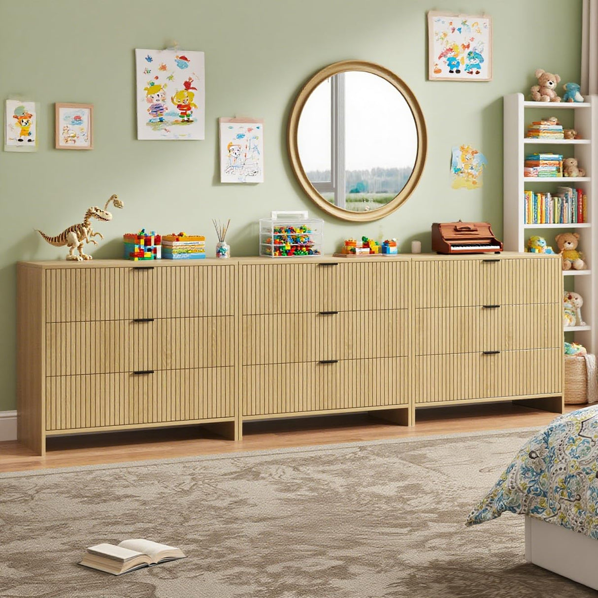 BVIUNTWO Fluted 9 Drawer Dresser,95 Inch Modern Chest of Drawers with Metal Handle,Wood Dresser Organizer for Bedroom,Living Room,Hallway,Natural Oak BVIUNTWO