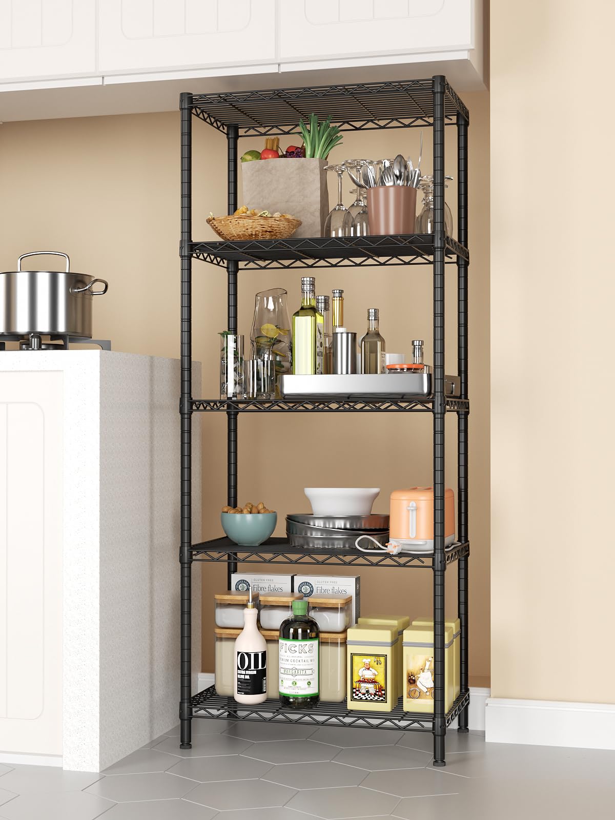 SINGAYE 5 Tier Storage Rack Wire Shelving Unit Storage Shelves Metal for Kitchen Laundry Pantry Closet 1000 Lbs Capacity 23.6" L x 14" W x 59.1" H Black