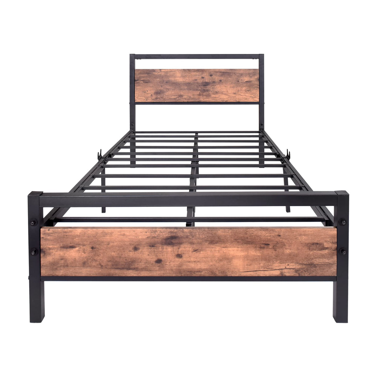 HOJINLINERO Metal Twin Size Bed Frame with Wood Headboard,Platform Bed Frame Twin,Bed Base Steel Slats,No Box Spring Needed,Black and Rustic Brown HOJINLINERO