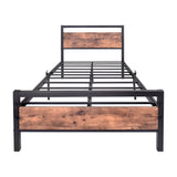 HOJINLINERO Metal Twin Size Bed Frame with Wood Headboard,Platform Bed Frame Twin,Bed Base Steel Slats,No Box Spring Needed,Black and Rustic Brown HOJINLINERO