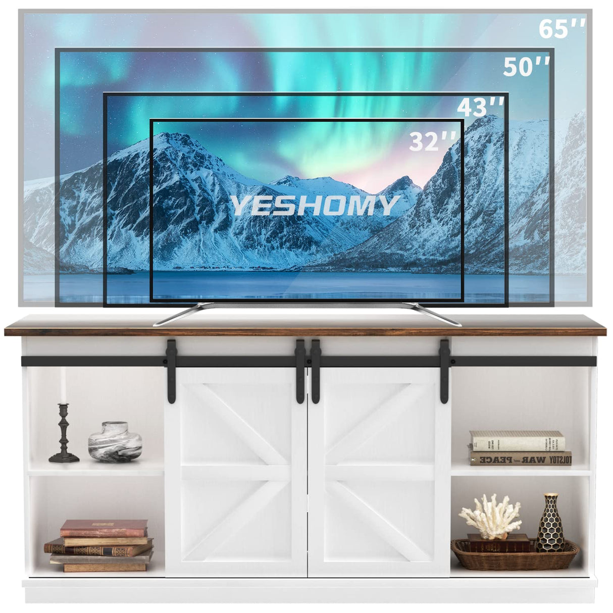 YESHOMY Farmhouse TV Stand and Entertainment Center for Televisions up to 65 Inchs, with Sliding Barn Doors and Storage Cabinets, Console Table and Media Furniture for Living Room, 58 Inch, Milk White YESHOMY