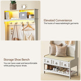 Gurexl 67” Farmhouse Hall Tree with Shoe Storage, Auto Sensor Wood Coat Tree with LED Lights, 3-in-1 Entryway Bench with Coat Rack, Hooks and Drawers for Hallway, Living Room, Bedroom (White) Gurexl