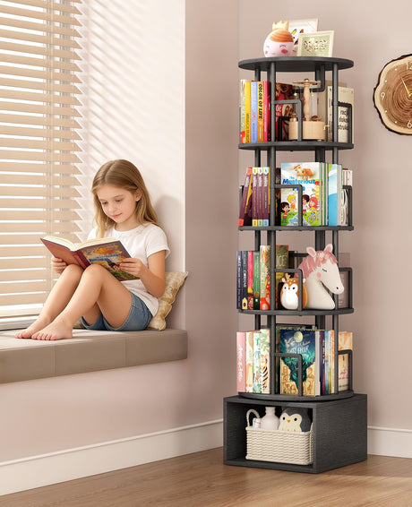 Kalrin 5 Tier Rotating Bookshelf with Extra Storage Cabinet, 360°Spinning Corner Bookshelf, Floor Standing Bookcase for Kids & Adult, Narrow Book Shelf for Bedroom Living Room, Pure Black Kalrin