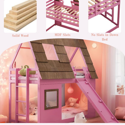 SOFTSEA Pink House Bunk Bed with Roof Low Bunk Bed with Slide for Girls, Twin Over Twin