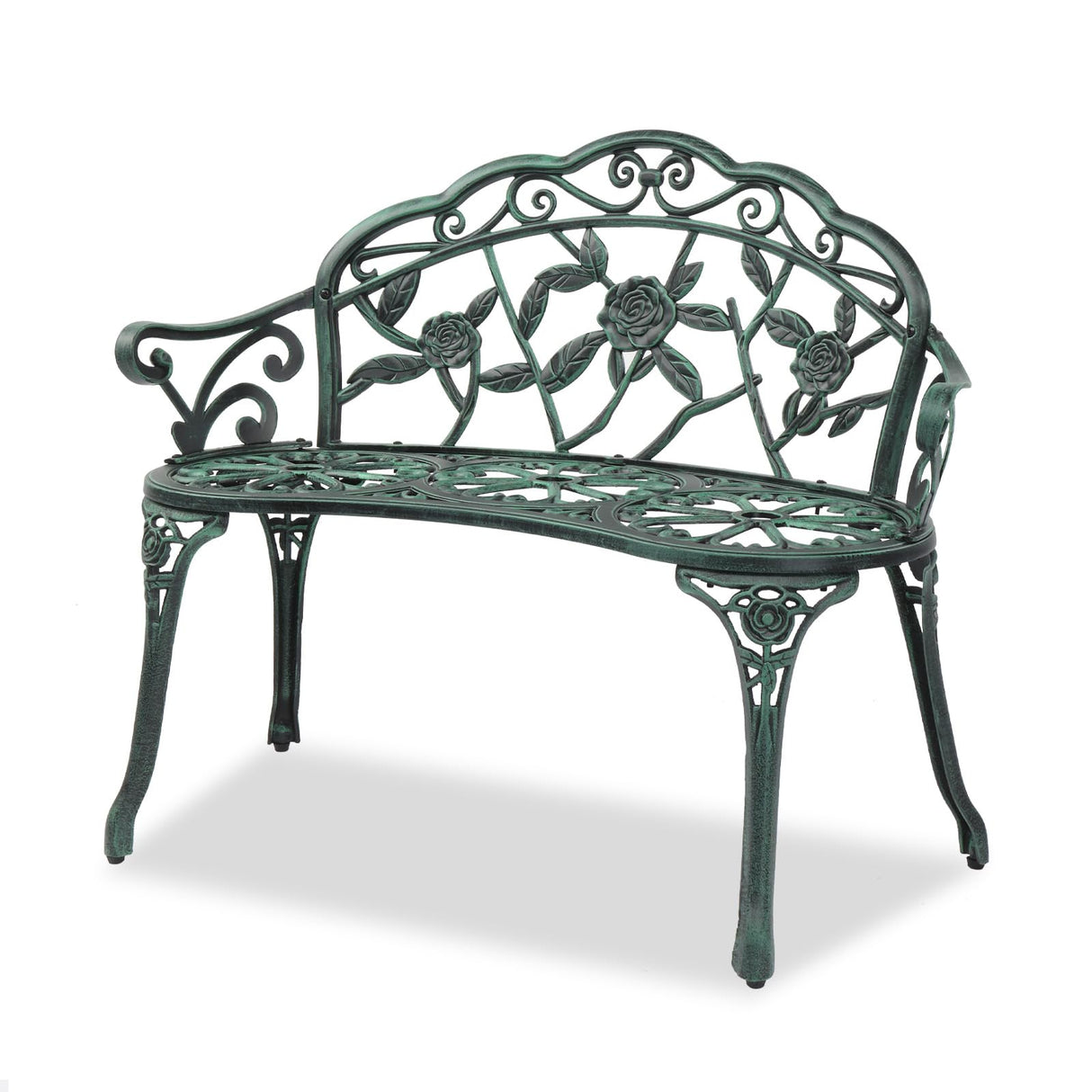 VINGLI 38.5" Patio Park Garden Outdoor Metal Rose Bench,Cast Iron Cast Aluminium Frame Antique Finish Chair,Accented Lawn Front Porch Path Yard Decor Deck Furniture for 2 Person Seat（Green&Black VINGLI