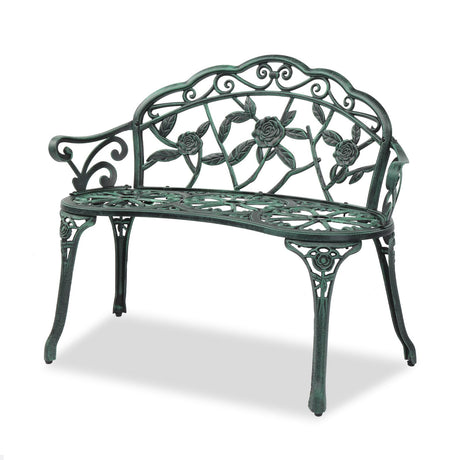 VINGLI 38.5" Patio Park Garden Outdoor Metal Rose Bench,Cast Iron Cast Aluminium Frame Antique Finish Chair,Accented Lawn Front Porch Path Yard Decor Deck Furniture for 2 Person Seat（Green&Black VINGLI