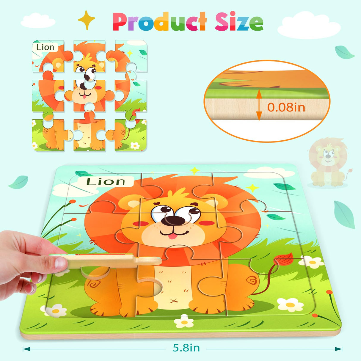 Zeoddler Wooden Puzzles for Toddlers, 8 Pack Animal Jigsaw Puzzles for Kids3-5, 9 Pieces Preschool Learning Activities, Learning & Educational Toys, Gift for Boys, Girls Zeoddler