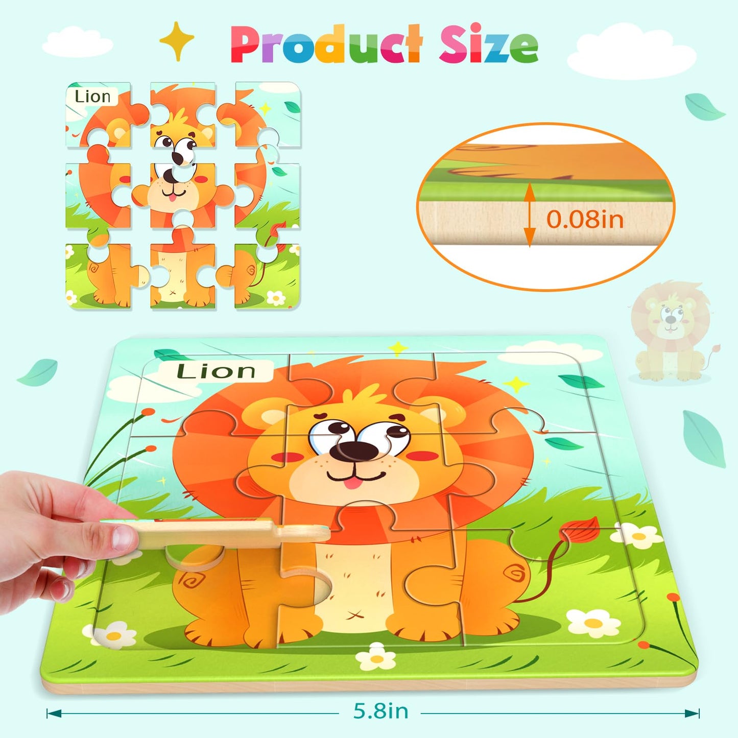 Zeoddler Wooden Puzzles for Toddlers, 8 Pack Animal Jigsaw Puzzles for Kids3-5, 9 Pieces Preschool Learning Activities, Learning & Educational Toys, Gift for Boys, Girls