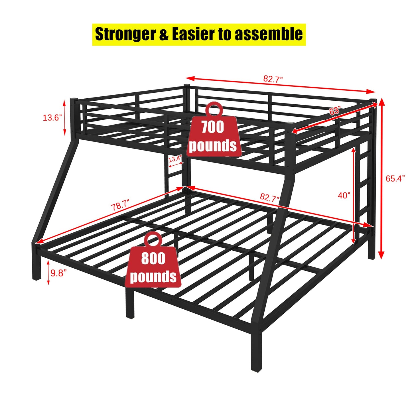 TSAMPA Latest Upgraded & Stronger Heavy Duty Black Metal Bunk Bed Frame Queen Over King Size, Thickened Safer More Stable Bunkbed King Bunk Bed (Easier to Assemble) (Queen Over King)