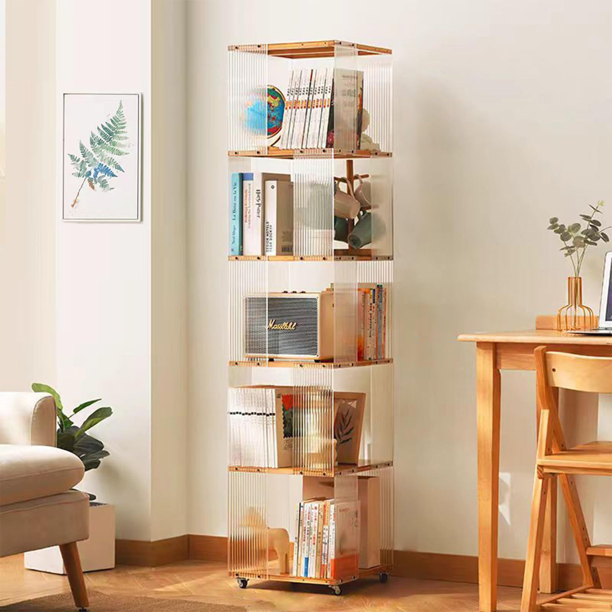 5 Tier Rotating Bookshelf, Clear Bookcase, Modern Storage Organizer Book Case for Bedroom Living Room Home Office, 360 Display Spinning Bookshelf Floor Standing Book Shelf (5 Tier - Natural) ZHUMUJIAJU