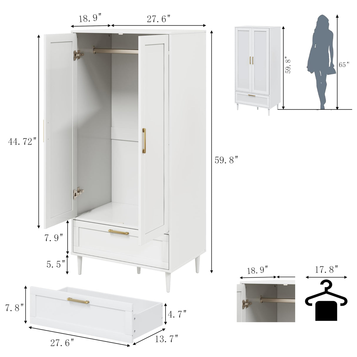 ALBSL Bedroom Armoire Wardrobe Closet with Hanging Rod,60" 2 Door Almirah for Clothes with Drawers,Morden Storage Cabinet,White ALBSL