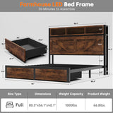 Incyneva Farmhouse Full Bed Frame with Bookcase Storage Headboard, Charging Station, LED Light and 2 Storage Drawers, Noise Free, No Box Spring Needed, Brown Incyneva